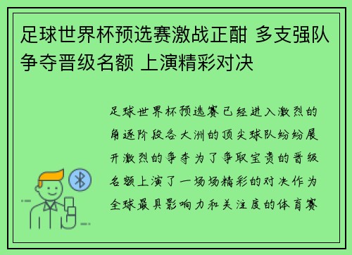 足球世界杯预选赛激战正酣 多支强队争夺晋级名额 上演精彩对决